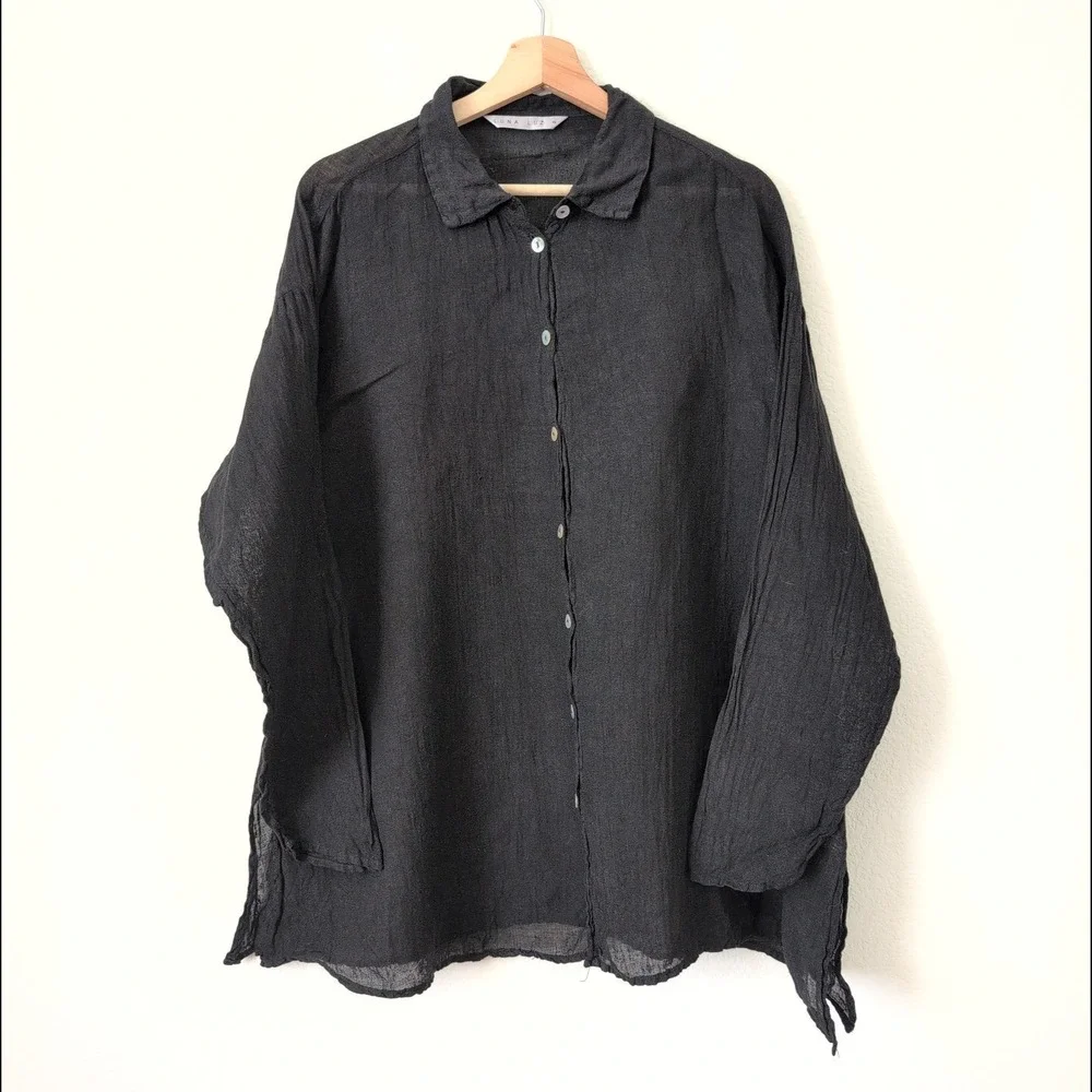 Luna‎ Luz Black Linen Button Down Shirt Women Size Small Long Sleeve Lagenlook
